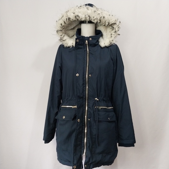 Tiffosi Navy Blue Hooded White Faux Fur Zip Up Button Down Long Sleeve Jacket M - Picture 6 of 15
